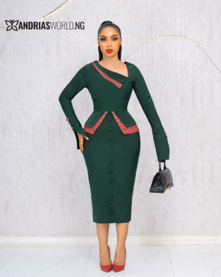 GREEN BUTTON DRESS WITH RED CHECK DETAILS